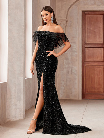 Robes de soirée Robe semi-formelle noire à col bateau fendue sur le devant sans manches à fente haute