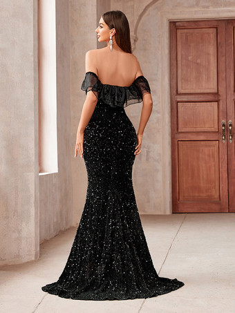 Robes de soirée Robe semi-formelle noire à col bateau fendue sur le devant sans manches à fente haute