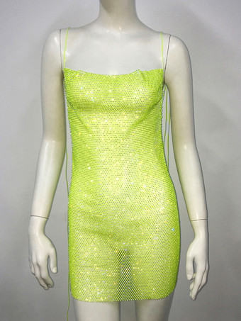 黄緑色クラブドレス レディース ブラック ストラップ ネックラインストーン ノースリーブ セクシードレス