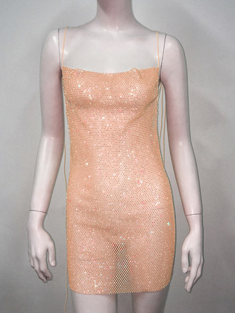 肌色クラブドレス レディース ブラック ストラップ ネックラインストーン ノースリーブ セクシードレス