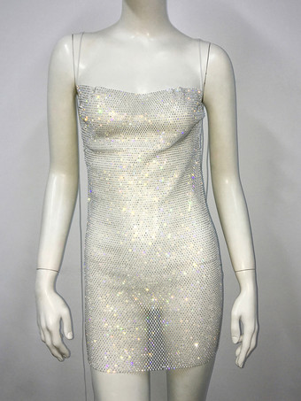 ホワイト クラブドレス レディース ブラック ストラップ ネックラインストーン ノースリーブ セクシードレス