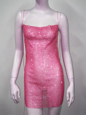 ローズレッドクラブドレス レディース ブラック ストラップ ネックラインストーン ノースリーブ セクシードレス