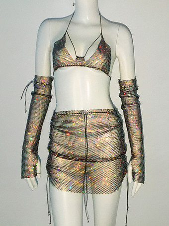 ブラックゴールドクラブウェアセット ラインストーン ポリエステル ノースリーブ セクシー クラブ衣装