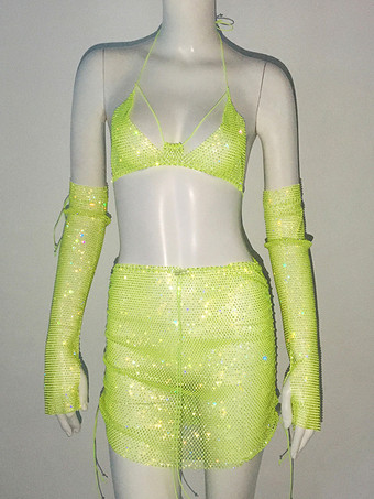 クラブウェアセット ラインストーン ポリエステル ノースリーブ セクシー クラブ衣装