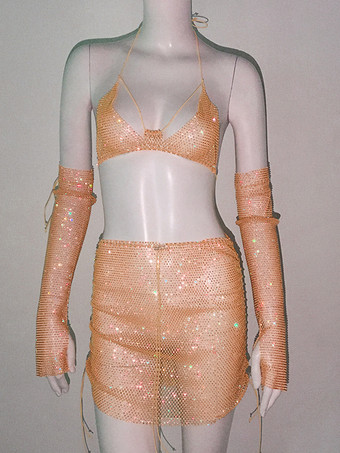 ピンクゴールドクラブウェアセット ラインストーン ポリエステル ノースリーブ セクシー クラブ衣装