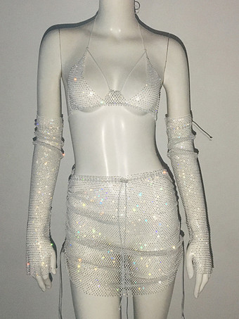ホワイト クラブウェアセット ラインストーン ポリエステル ノースリーブ セクシー クラブ衣装