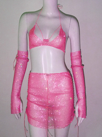 クラブウェアセット ラインストーン ポリエステル ノースリーブ セクシー クラブ衣装