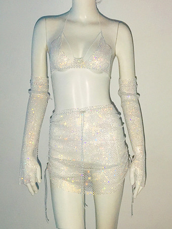 暖かい白クラブウェアセット ラインストーン ポリエステル ノースリーブ セクシー クラブ衣装