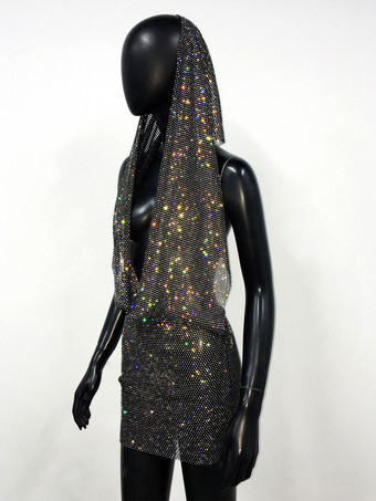 クラブドレス ブラック フード付き ラインストーン ノースリーブ セクシードレス