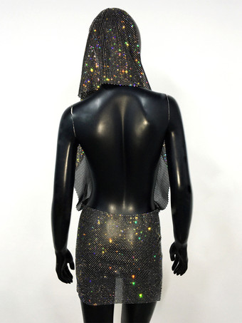 クラブドレス ブラック フード付き ラインストーン ノースリーブ セクシードレス