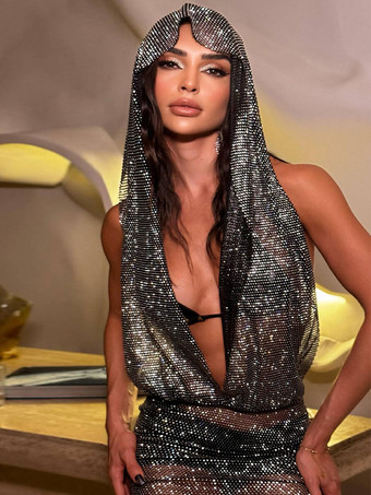 クラブドレス ブラック フード付き ラインストーン ノースリーブ セクシードレス