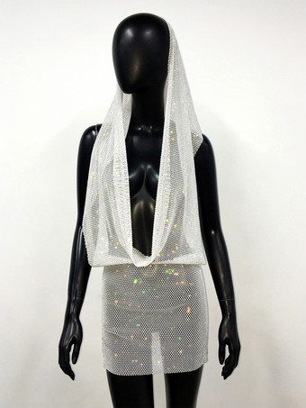 ホワイト クラブドレス ブラック フード付き ラインストーン ノースリーブ セクシードレス