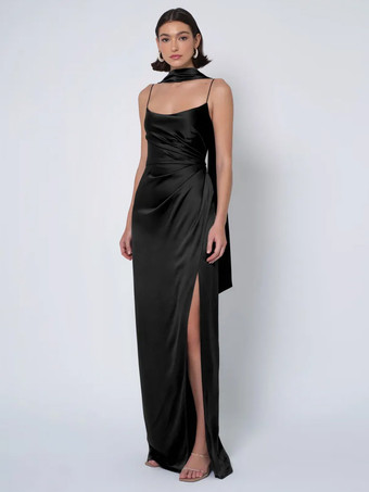 ブラックブライズメイドドレス サテン生地 ボールガウン フロアレングス ウェディング パーティードレス