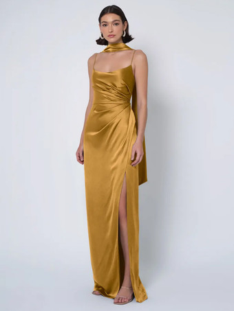 イエローブライズメイドドレス サテン生地 ボールガウン フロアレングス ウェディング パーティードレス