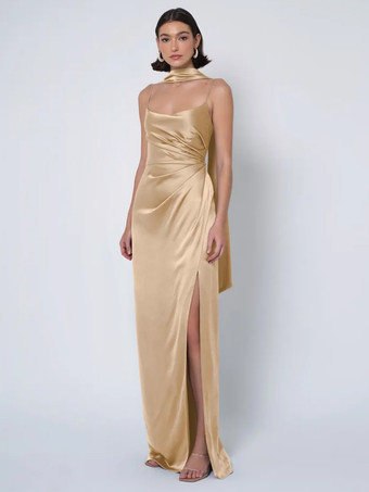 シャンパンブライズメイドドレス サテン生地 ボールガウン フロアレングス ウェディング パーティードレス