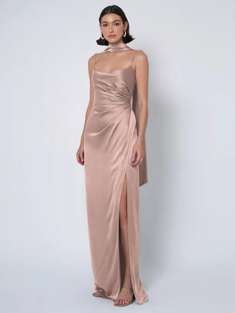 カメオピンクブライズメイドドレス サテン生地 ボールガウン フロアレングス ウェディング パーティードレス