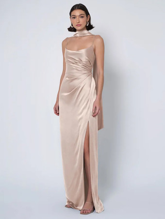 肌色ブライズメイドドレス サテン生地 ボールガウン フロアレングス ウェディング パーティードレス