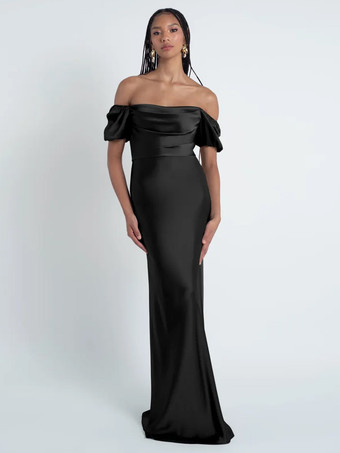 ブラックブライズメイドドレス シース フロアレングス ジッパー サテン生地 フォーマルガウン