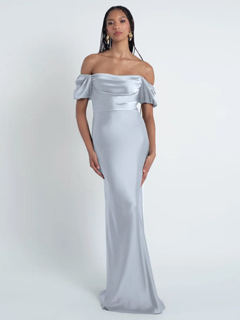 ベビーブルーブライズメイドドレス シース フロアレングス ジッパー サテン生地 フォーマルガウン