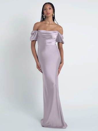 ライラック ブライズメイドドレス シース フロアレングス ジッパー サテン生地 フォーマルガウン