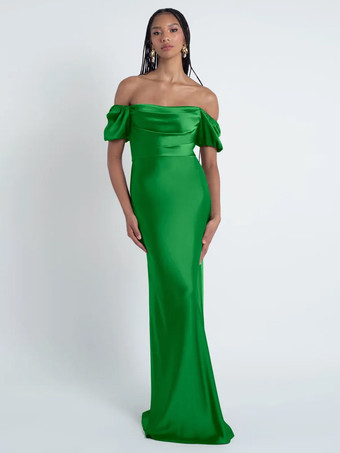 グリーン ブライズメイドドレス シース フロアレングス ジッパー サテン生地 フォーマルガウン