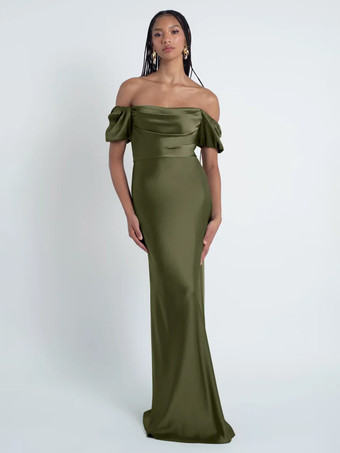 アーミーグリーンブライズメイドドレス シース フロアレングス ジッパー サテン生地 フォーマルガウン