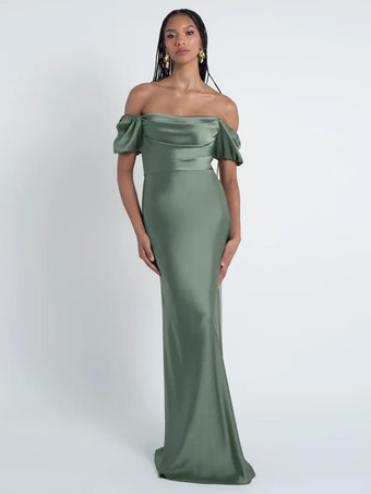 セージグリーンブライズメイドドレス シース フロアレングス ジッパー サテン生地 フォーマルガウン