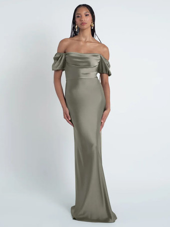 セージグリーンブライズメイドドレス シース フロアレングス ジッパー サテン生地 フォーマルガウン