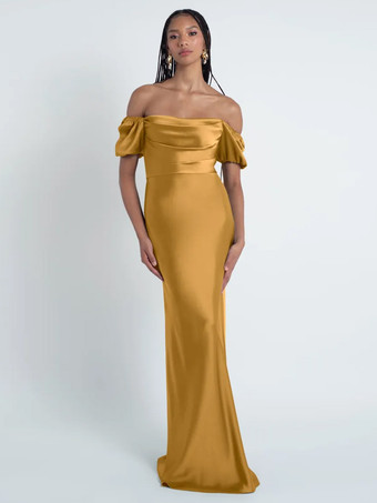 イエローブライズメイドドレス シース フロアレングス ジッパー サテン生地 フォーマルガウン