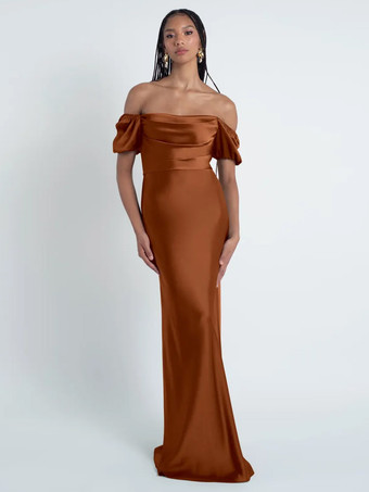 ブリックレッドブライズメイドドレス シース フロアレングス ジッパー サテン生地 フォーマルガウン