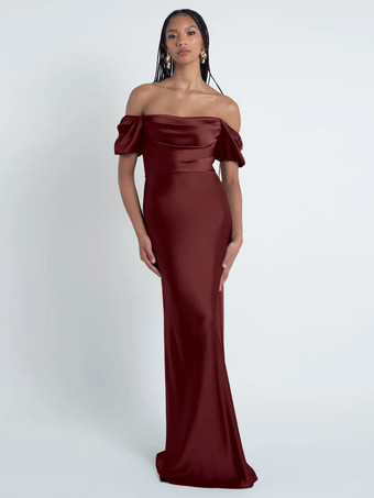 バーガンディーブライズメイドドレス シース フロアレングス ジッパー サテン生地 フォーマルガウン