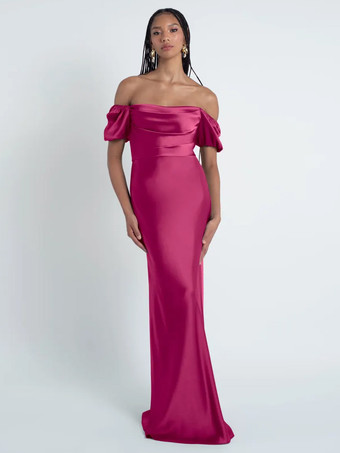 ローズレッドブライズメイドドレス シース フロアレングス ジッパー サテン生地 フォーマルガウン