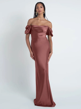 ダークピンクブライズメイドドレス シース フロアレングス ジッパー サテン生地 フォーマルガウン