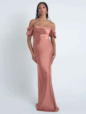 サーモンピンクブライズメイドドレス シース フロアレングス ジッパー サテン生地 フォーマルガウン