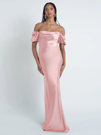 ソフトピンクブライズメイドドレス シース フロアレングス ジッパー サテン生地 フォーマルガウン