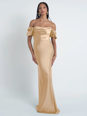 ライトゴールブライズメイドドレス シース フロアレングス ジッパー サテン生地 フォーマルガウン