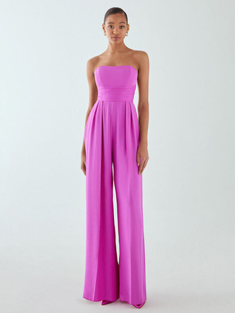 イブニングドレス ジャンプスーツ ストラップレス フロアレングス ノースリーブ ジッパー プリーツ シフォン フォーマル パーティードレス