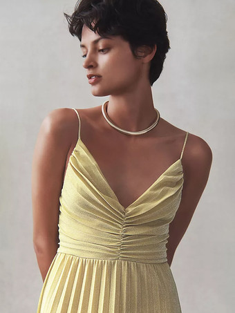 イブニングドレス ドロップVネック ポリエステル アンクル丈 プリーツ 社交パーティードレス