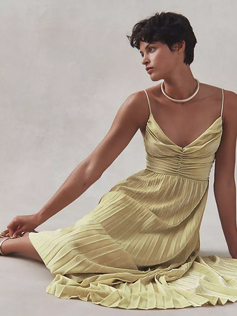 イブニングドレス ドロップVネック ポリエステル アンクル丈 プリーツ 社交パーティードレス