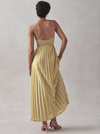 イブニングドレス ドロップVネック ポリエステル アンクル丈 プリーツ 社交パーティードレス