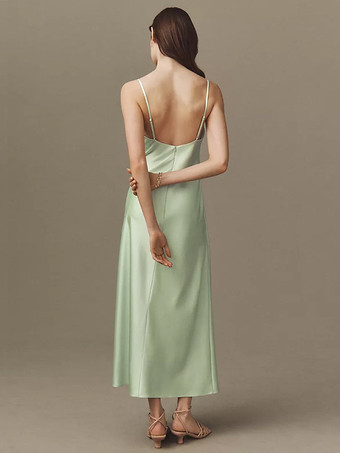 ブライズメイドドレス 伸縮性のあるシルクのようなサテンシース ティーレングス フォーマルガウン