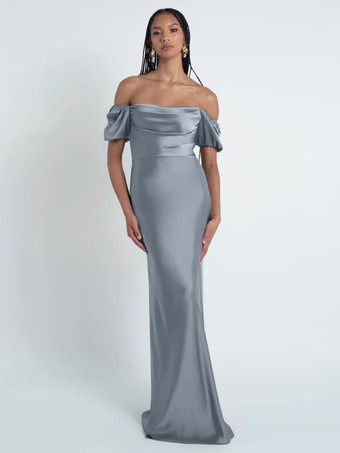 スレートグレー ブライズメイドドレス シース フロアレングス ジッパー サテン生地 フォーマルガウン