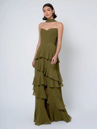 オリーブグリーンブライズメイドドレス ボールガウン フロアレングス バックレス シフォン ウェディング パーティードレス