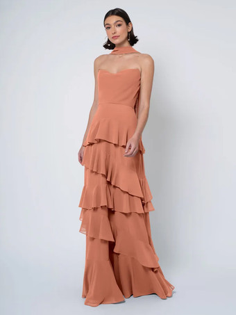 ブリックレッドブライズメイドドレス ボールガウン フロアレングス バックレス シフォン ウェディング パーティードレス