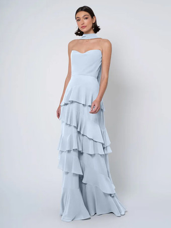 ベビーブルーブライズメイドドレス ボールガウン フロアレングス バックレス シフォン ウェディング パーティードレス