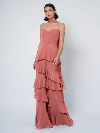 コーラルレッドブライズメイドドレス ボールガウン フロアレングス バックレス シフォン ウェディング パーティードレス
