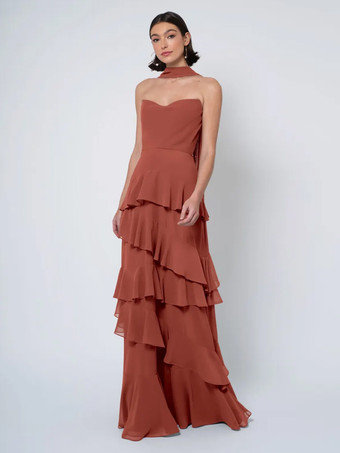 ブリックレッドブライズメイドドレス ボールガウン フロアレングス バックレス シフォン ウェディング パーティードレス