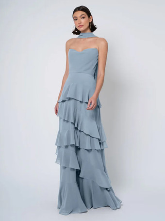 スレートグレー ブライズメイドドレス ボールガウン フロアレングス バックレス シフォン ウェディング パーティードレス