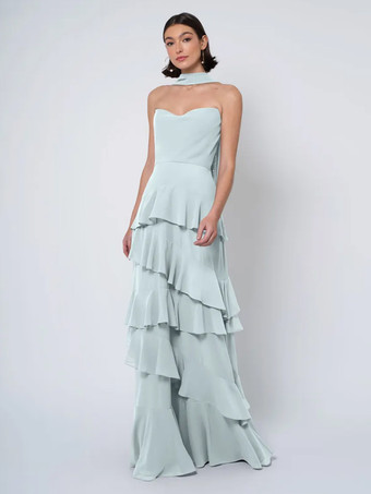 パステルブルーブライズメイドドレス ボールガウン フロアレングス バックレス シフォン ウェディング パーティードレス