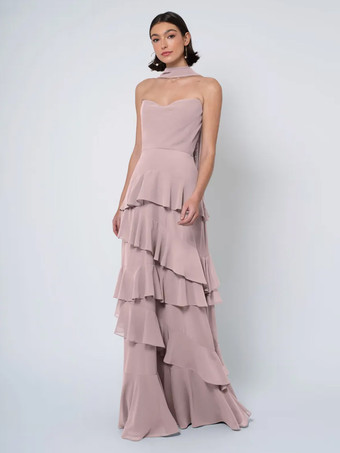 サーモンピンクブライズメイドドレス ボールガウン フロアレングス バックレス シフォン ウェディング パーティードレス